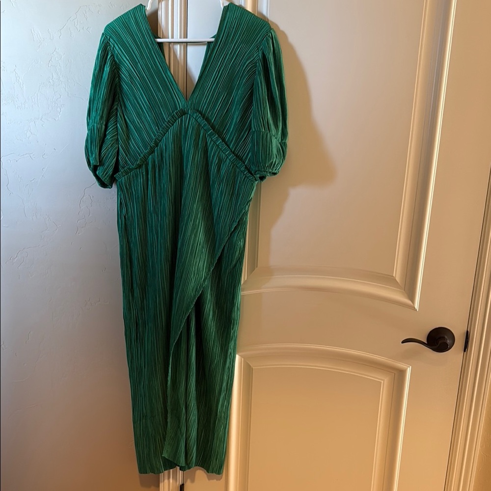 Anthropologie Green Puff Sleeve Wrap Midi Dress